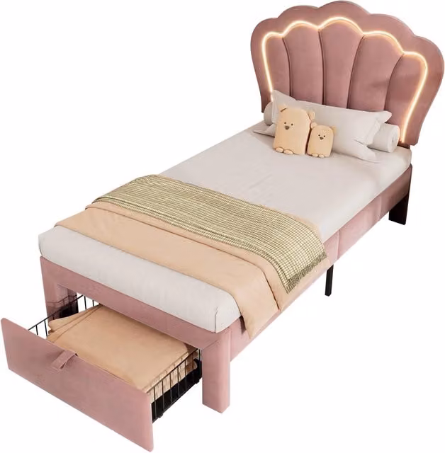Letto singolo 90x190 cm in velluto rosa con cassetto contenitore, testiera regolabile e luci LED RGB