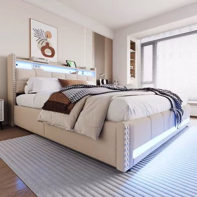 Letto imbottito 180x200 cm con contenitore; LED e USB in lino