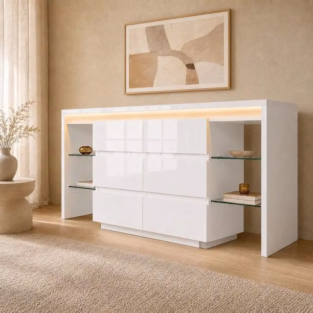 Cassettiera con 6 cassetti ¨C Minimal ¨C effetto legno bianco lucido 155x40x80 cm multiuso per soggiorno design moderno