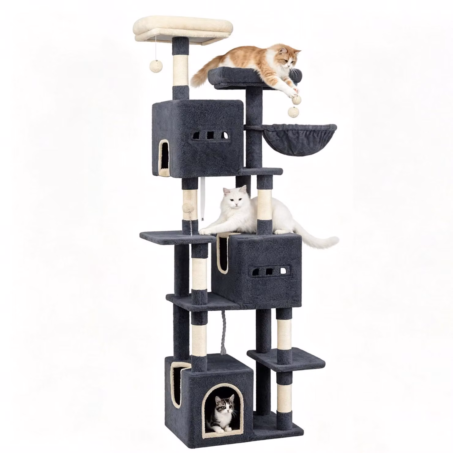 Albero per gatti XXL - Tiragraffi - Altezza 193 cm - 7 livelli - 7 pali per graffiare - 3 rifugi - 2 piattaforme - Colore: nero