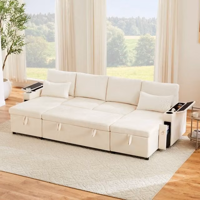 Divano letto angolare a 4 posti con portaoggetti - Zephmum- Beige, portaoggetti, cuscini