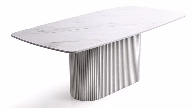 Tavolo da pranzo moderno, bianco, effetto marmo, design ovale, con superficie scanalata