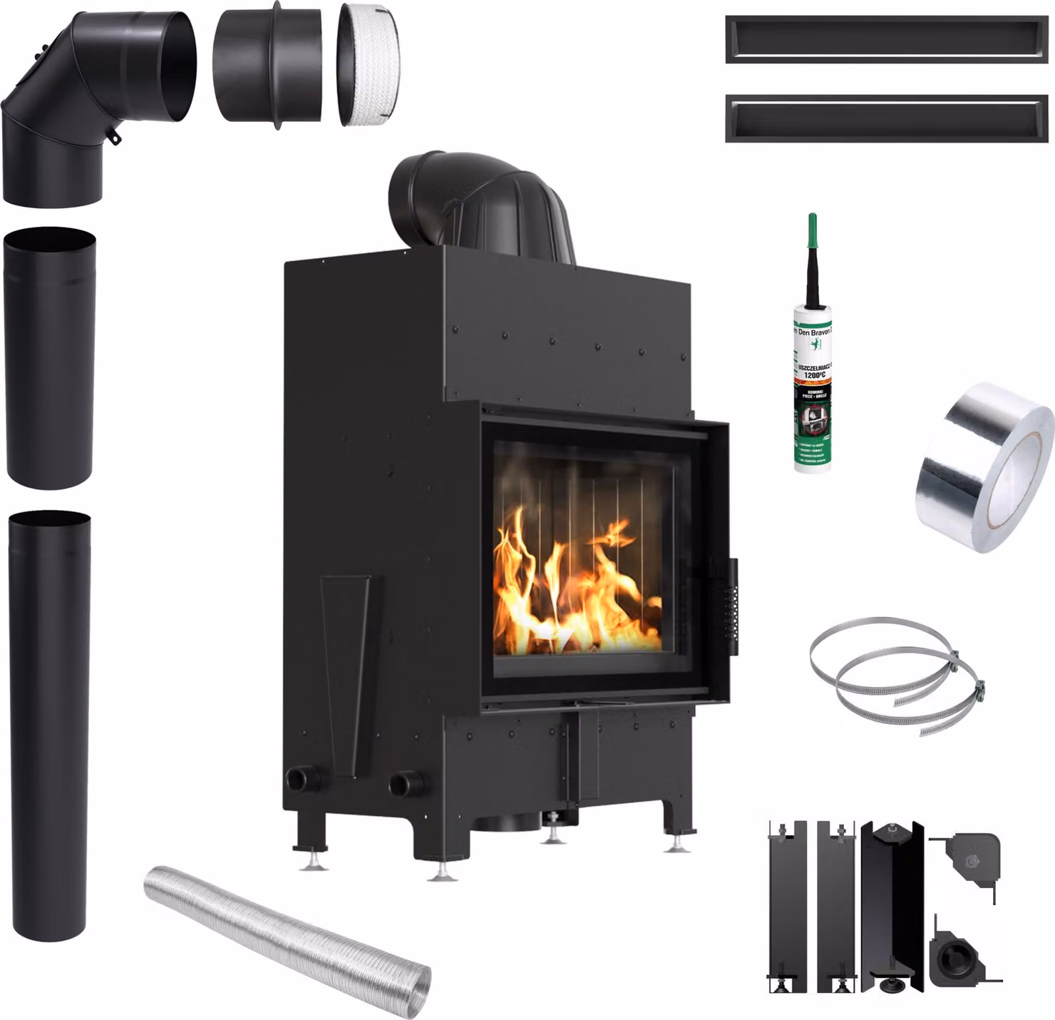 Caminetto ad aria KRATKI FLOKI 8kW Ø160 nero con serratura Set di montaggio