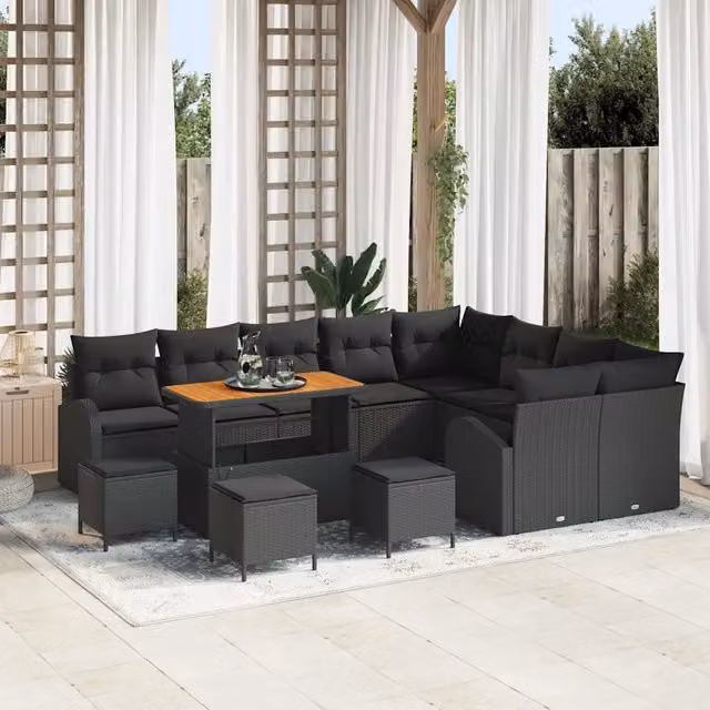 Set Divano da Giardino vidaXL a Forma a U con 13 Pezzi, Nero, con Cuscini e Tavolino da Caffè – 1