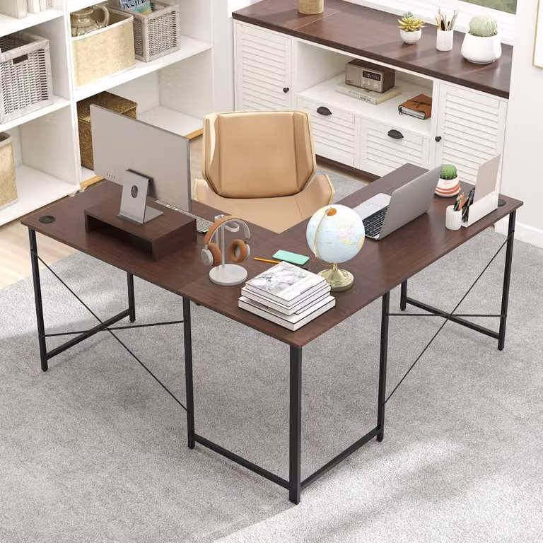 Scrivania ad angolo a forma di L reversibile Costway per studio e gioco, Marrone scuro, L: 150 cm