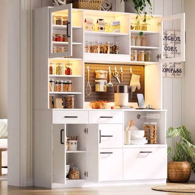 Credenza cucina bianca con piano 145 cm, 5 cassetti, LED RGB e prese USB