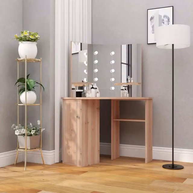 Tavolino da Trucco Angolare con LED vidaXL in Rovere Marrone L: 111 cm, P: 54 cm, H: 141,5 cm