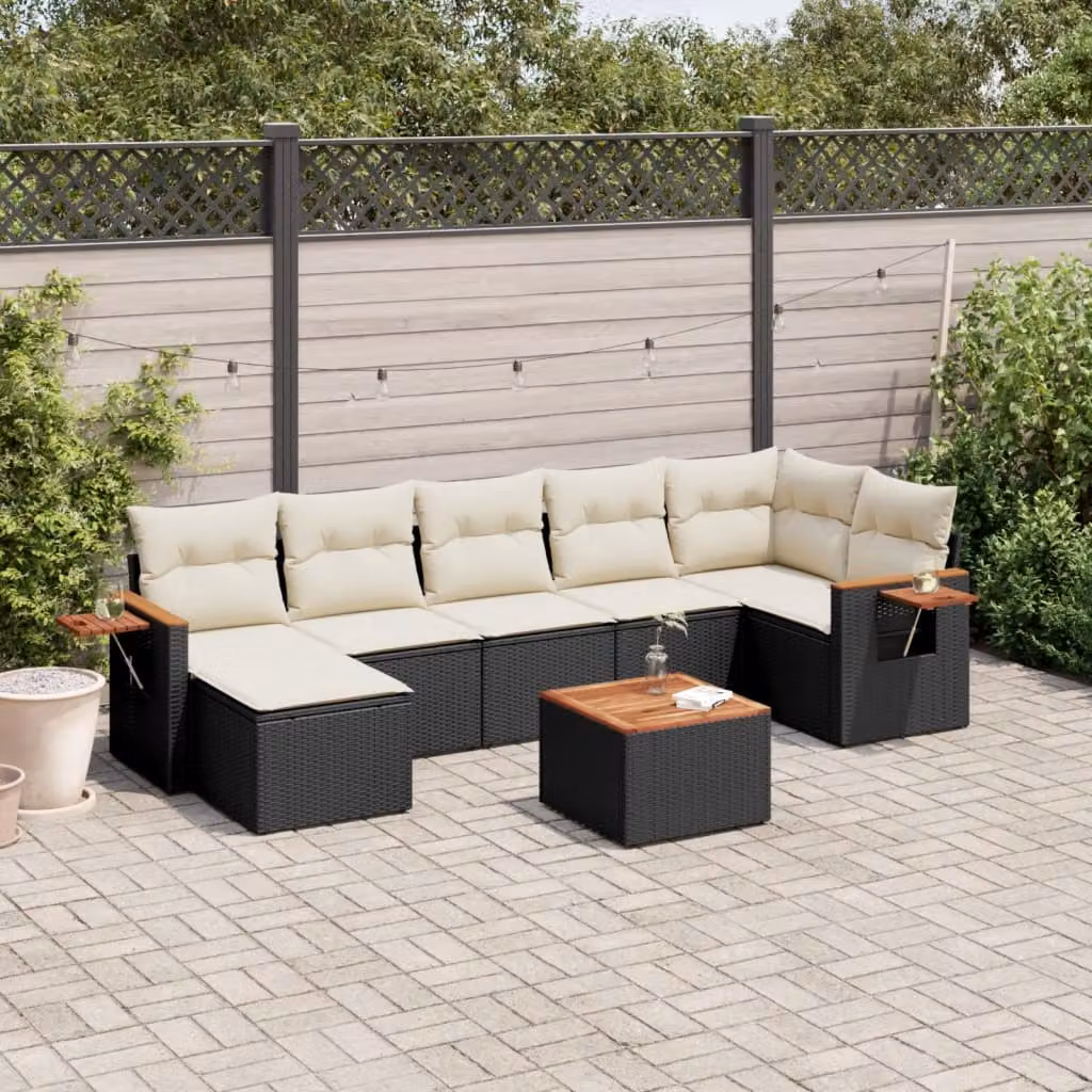 vidaXL Set Divani da Giardino a L in Polyrattan Nero con 8 Pezzi e Cuscini Imbottiti – 1