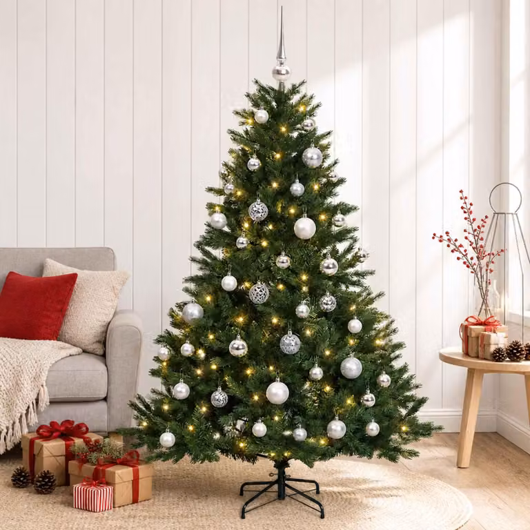 Albero di Natale artificiale con decorazioni a forma di sfera natalizia, altezza 120 cm, con 150 luci a LED