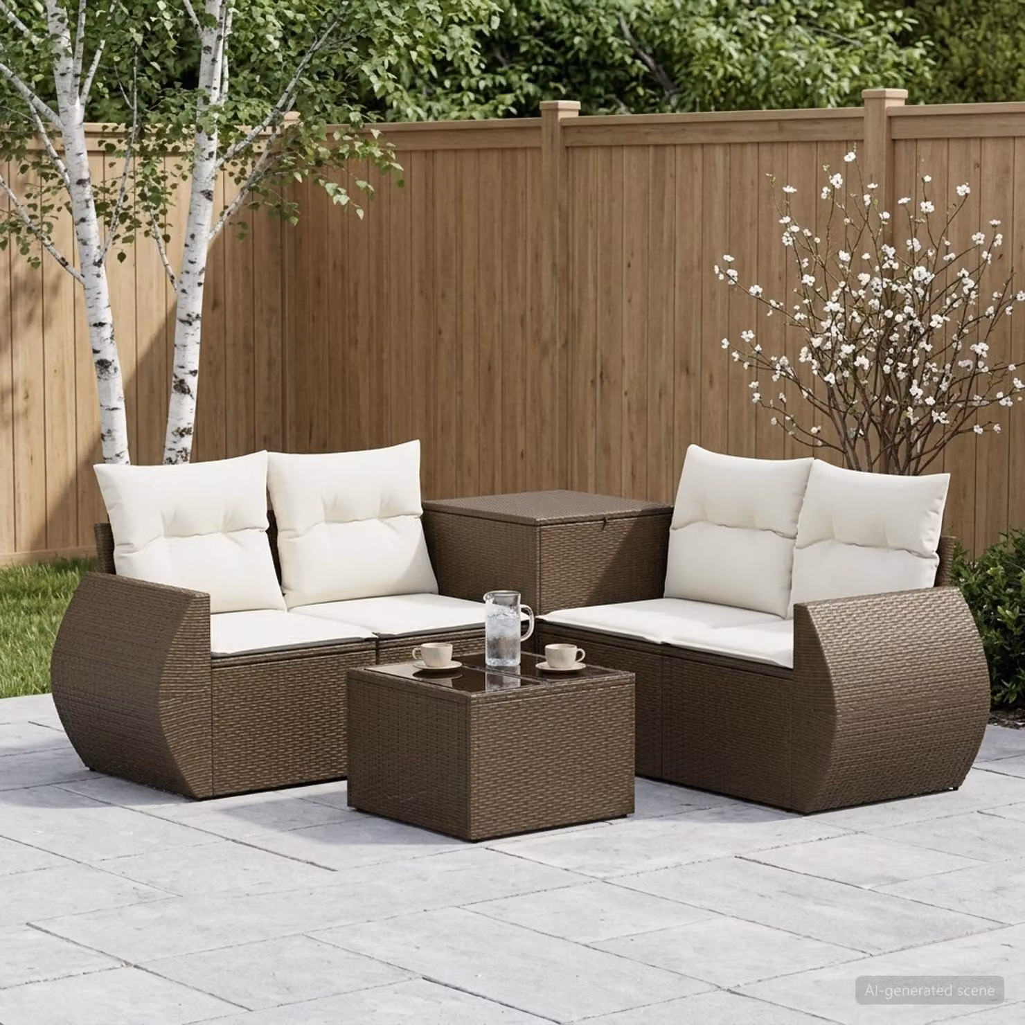 Set di divani da giardino vidaXL a forma di U composto da 6 pezzi con tavolino, colore marrone e bianco crema