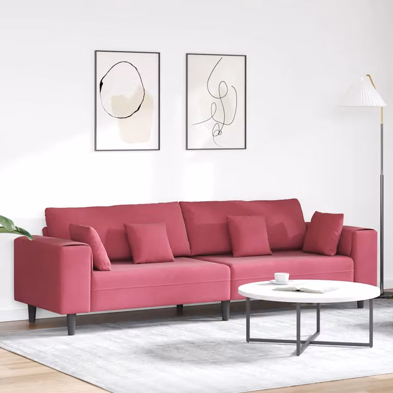 Divano moderno vidaXL in velluto rosso con cuscini, L: 250 cm, P: 77 cm, H: 76 cm
