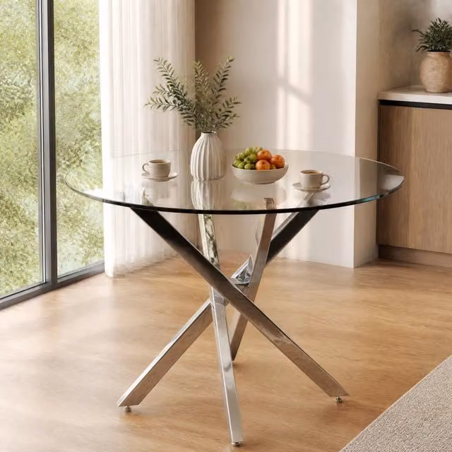 Tavolo da pranzo rotondo ULEVR 80x80x75 cm in vetro temperato con gambe in metallo argentato