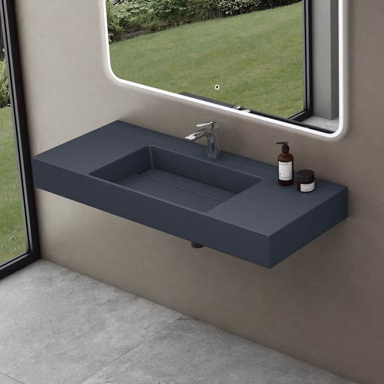 doporro Lavabo Bagno Sospeso Lavabo da Appoggio Rettangolare in Marmo Resina Antracite Opaco, Vasca Centrale 120x48x13 cm con 1 Foro Rubinetto e Piletta Scarico, Colossum12