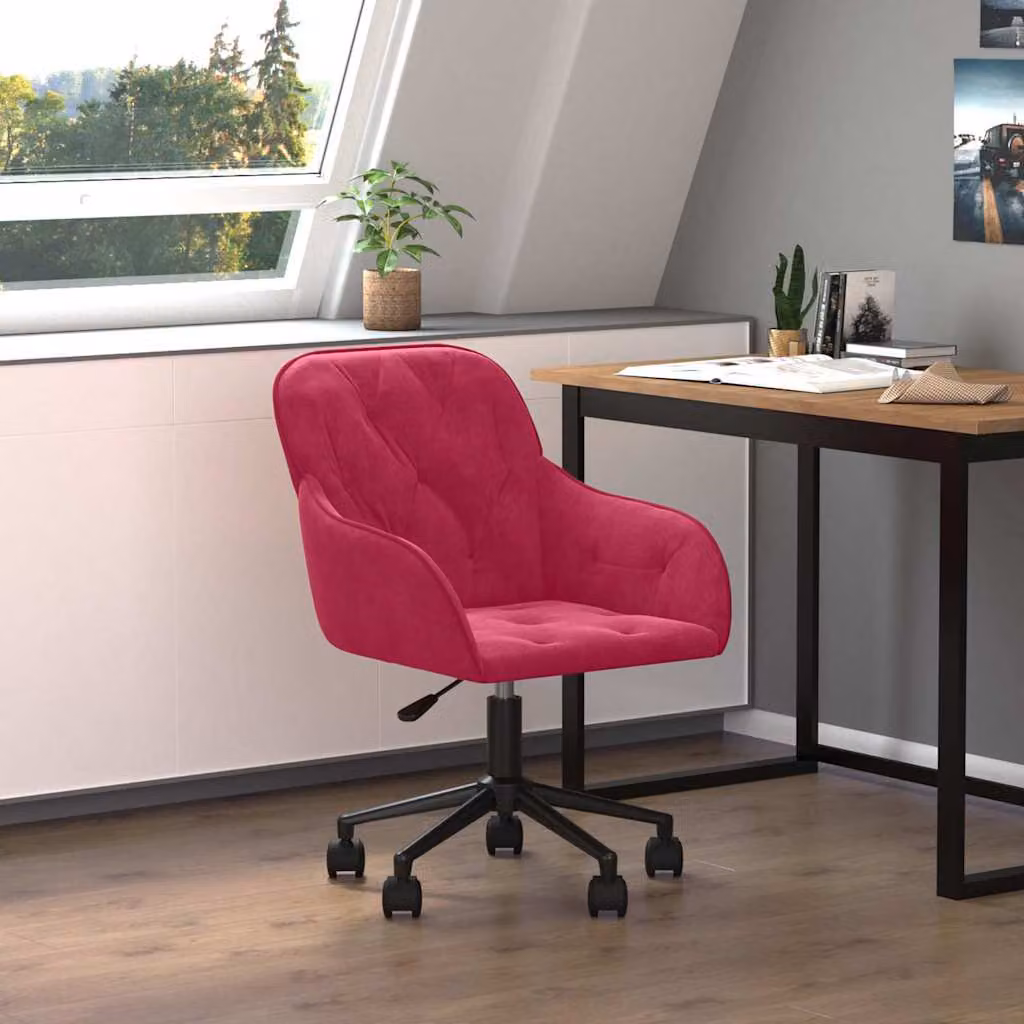Sedia da ufficio girevole vidaXL in velluto rosso con ruote e base in metallo e legno