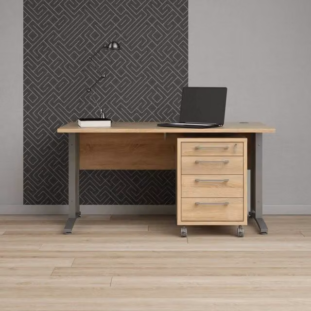 Scrivania DMORA moderna per ufficio e casa, tavolo porta PC rettangolare in legno color quercia, grigio e marrone, L: 150 cm, P: 80 cm, H: 75 cm