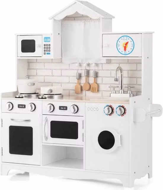 Cucina giocattolo Design Mania in legno e plastica con lavatrice e piano cottura, colore bianco