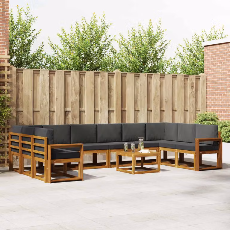 vidaXL Set di divani da esterno a forma di U composto da 11 pezzi in legno di acacia con cuscini, colore marrone e antracite