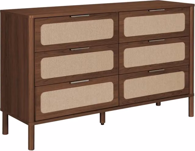 Cassettiera vintage decorazione legno e canna, 6 cassetti, noce