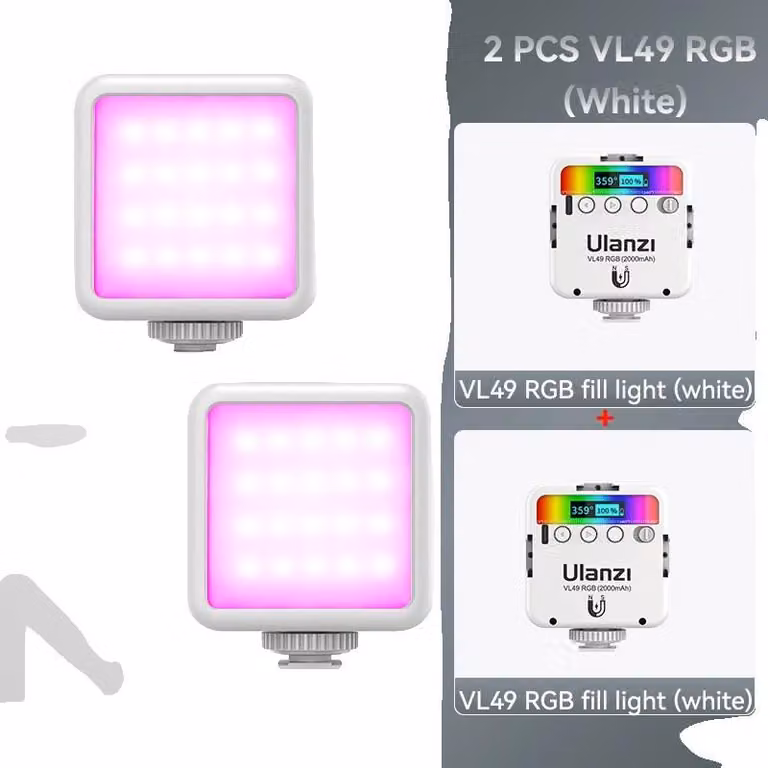 Luce fotocamera, 95 combinazioni di colori RGB, luminosità regolabile, 2 VL49 RGB bianco