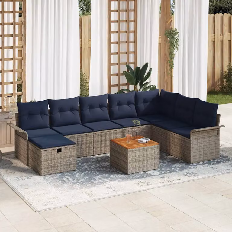 Set Divano da Giardino vidaXL a Forma a U in Poly Rattan Grigio con 9 Pezzi e Cuscini Inclusi