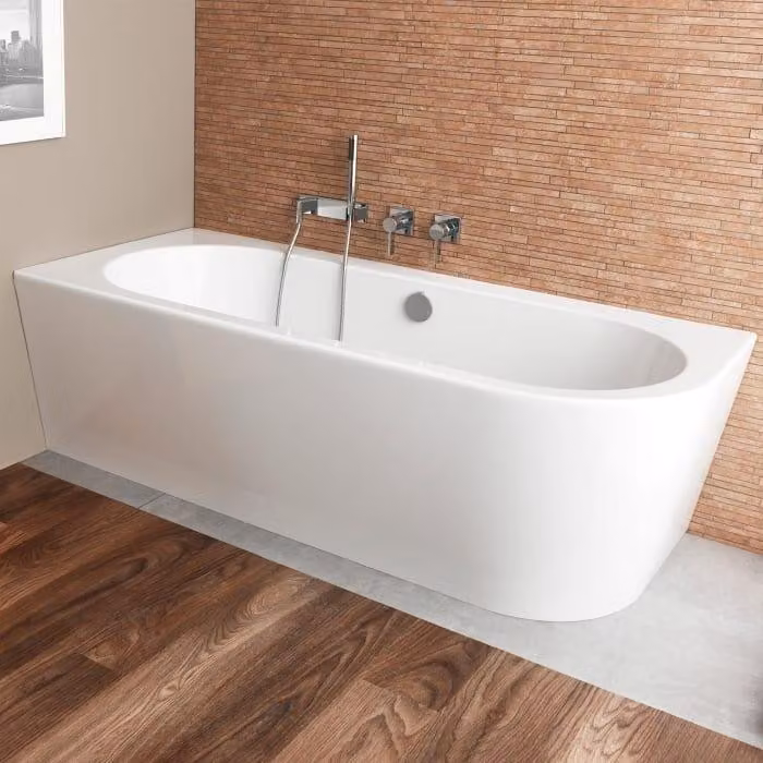 Vasca angolare Steinkamp, dimensioni 180 x 80 cm, con paraspruzzi sul lato destro, completa di kit di scarico, troppofieno e piletta MT5