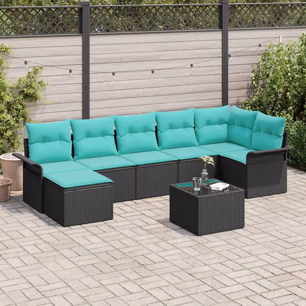 Set Divano da Giardino vidaXL 8 pz Moderno a L con Tavolino e Ottoman Nero e Turchese con Cuscini in Schiuma e Struttura in Acciaio Verniciato a Polvere