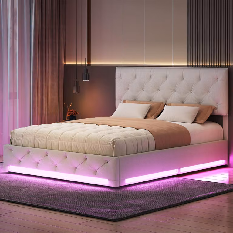 Letto imbottito Fortuna Lai 140x200cm letto matrimoniale contenitore, letto contenitore sollevabile idraulicamente, letto funzionale, con illuminazione LED e rete a doghe, colore crema