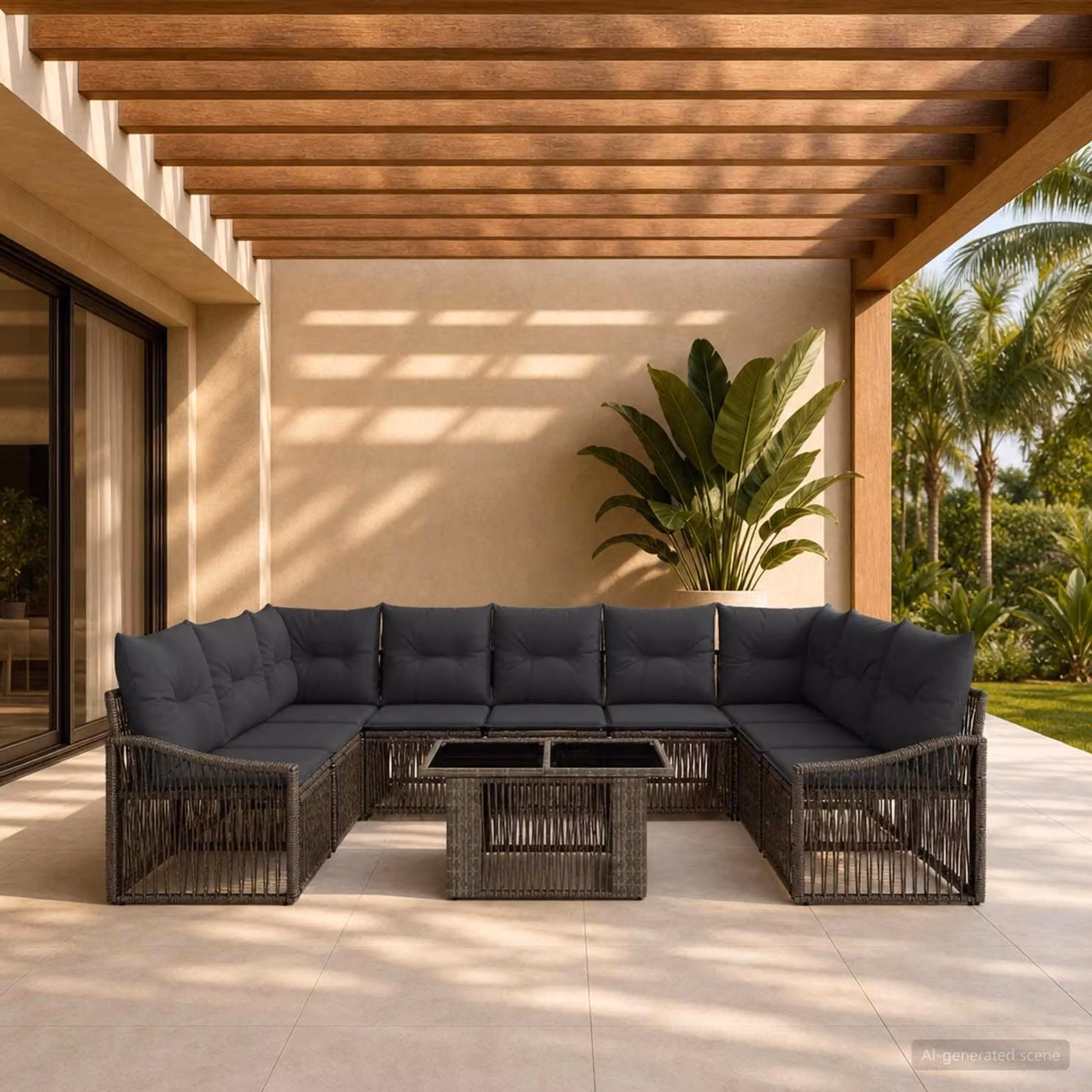 Set Divano da Giardino vidaXL 10 Pezzi a Forma di U in Polyrattan Grigio e Antracite con Cuscini e Tavolino