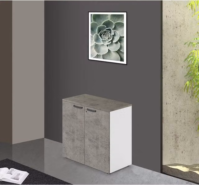 Mobile da ufficio basso due ante con serratura colore Cemento H87x90x45cm