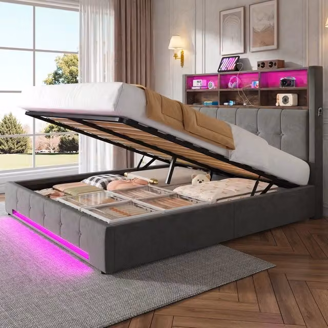 Letto imbottito contenitore con testiera ¨C Minimal ¨C velluto grigio 160x200 cm LED idraulico
