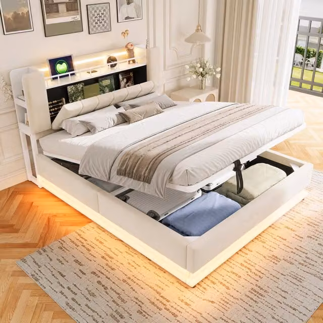 Letto imbottito 160 × 200 cm con LED USB contenitore idraulico in velluto beige rete a doghe in metallo