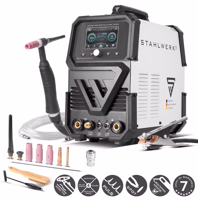 STAHLWERK saldatrice ad arco schermato AC/DC TIG 200 Puls Pro Touch - Inverter IGBT con 200 A, funzione MMA, memoria lavori, impulsi / spot, alluminio e lamiere sottili