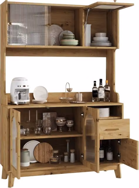 Credenza alta moderna con vani e prese USB in legno marrone per cucina e soggiorno L/P/H: 120 x 40 x 178 cm