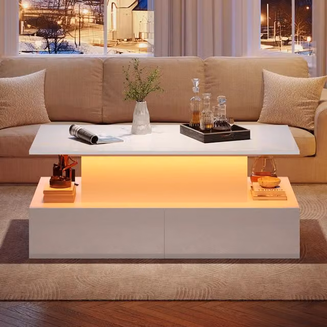 Tavolino da salotto moderno - Zephmum- 90x55x41 cm- Bianco- LED, 4 cassetti