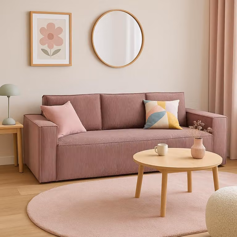 Divano letto GUTTO CORDA ROSA in tessuto a coste con funzione sleep - design moderno in colori alla moda