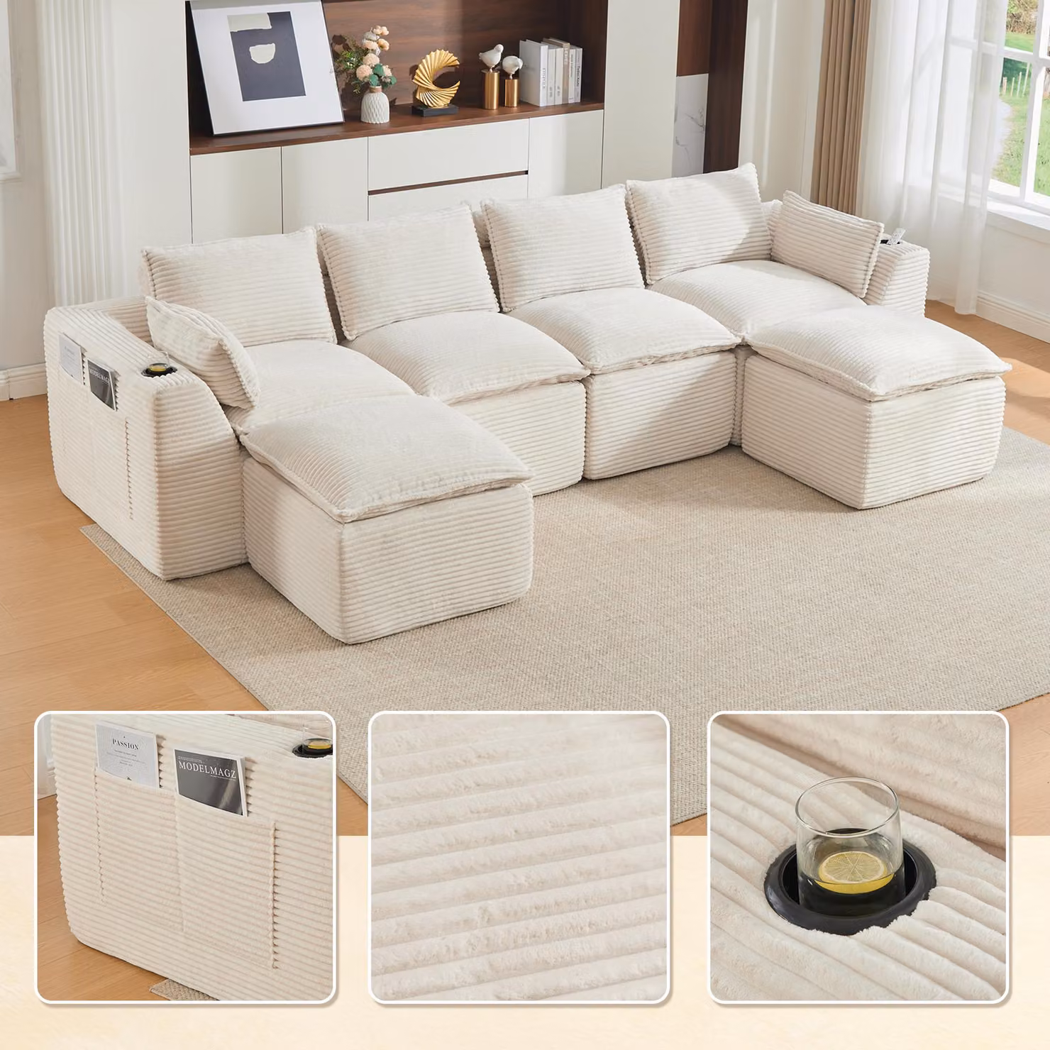 LVHOM XXL Divano modulare a 4 posti, modello Cord, divano ad angolo a forma di "U" con portabicchieri e tasche laterali, divano grande, 322 cm, color beige