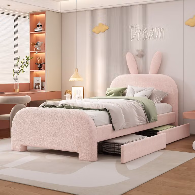 Letto imbottito Flieks 90x200cm con 2 cassetti, letto per bambini con testiera a orecchie di coniglio, letto singolo con contenitore, Peluche, rosa