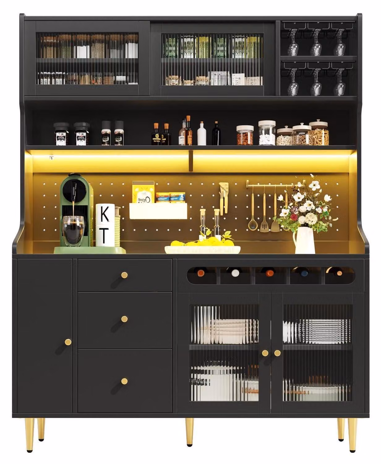 Armadio alto con piano di lavoro e illuminazione a LED, scaffale per vino, dimensioni 145x39x171 cm, colore nero