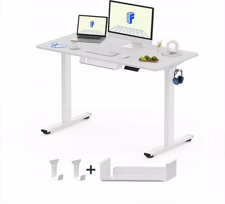Scrivania da ufficio QE1W-1154-EU, regolabile in altezza e con cassetto, 110 x 54 cm, bianca
