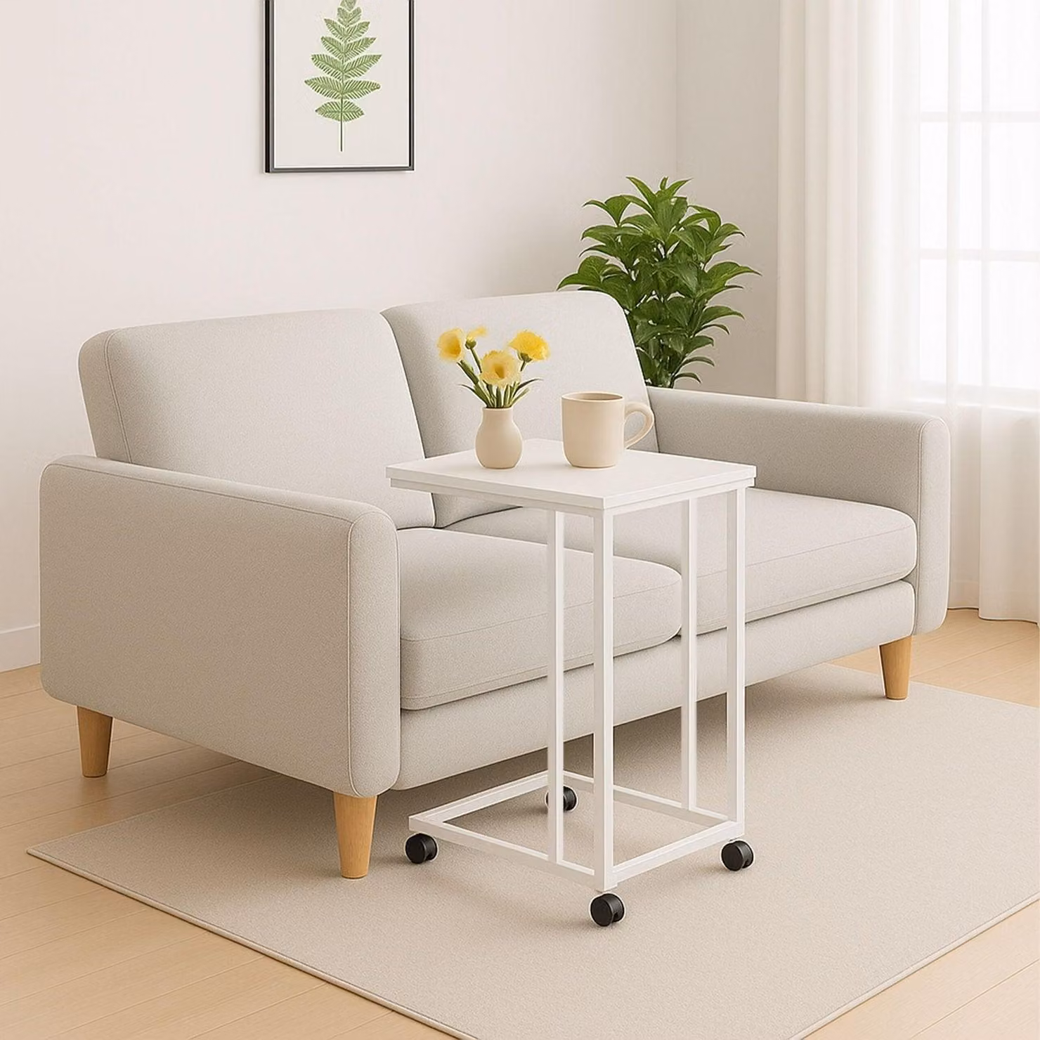 Tavolino laterale a forma di C con ruote - Piano effetto legno