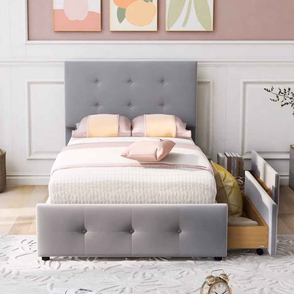 Letto singolo imbottito in velluto grigio con cassetto e testiera L/P/H: 208.5 x 90 x 97 cm – 2