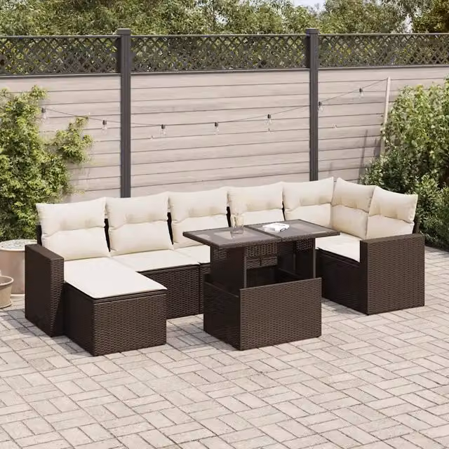 Set Divani da Giardino 8 pz con Cuscini Marrone in Polyrattan 3326364