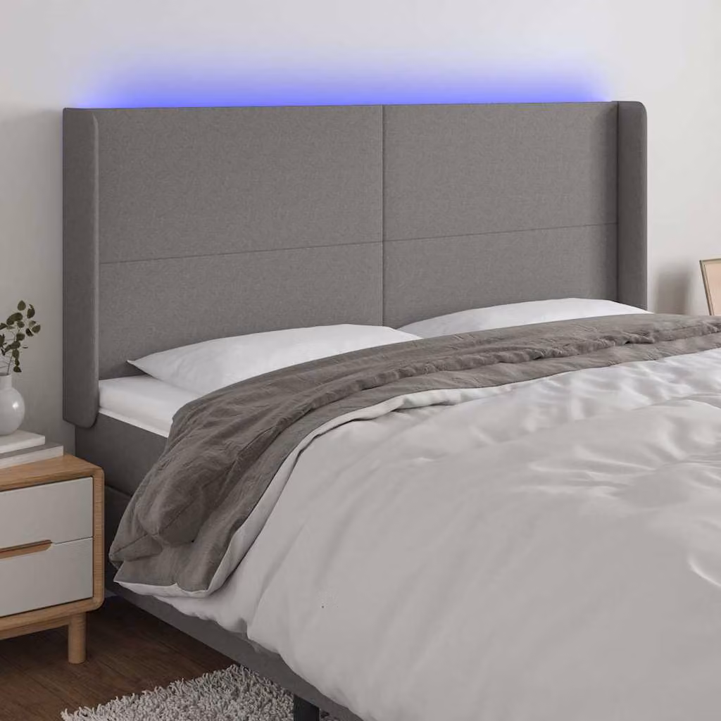 Testiera per letto con illuminazione LED e porta USB vidaXL in tessuto grigio, L: 203 cm, P: 16 cm, H: 118/128 cm
