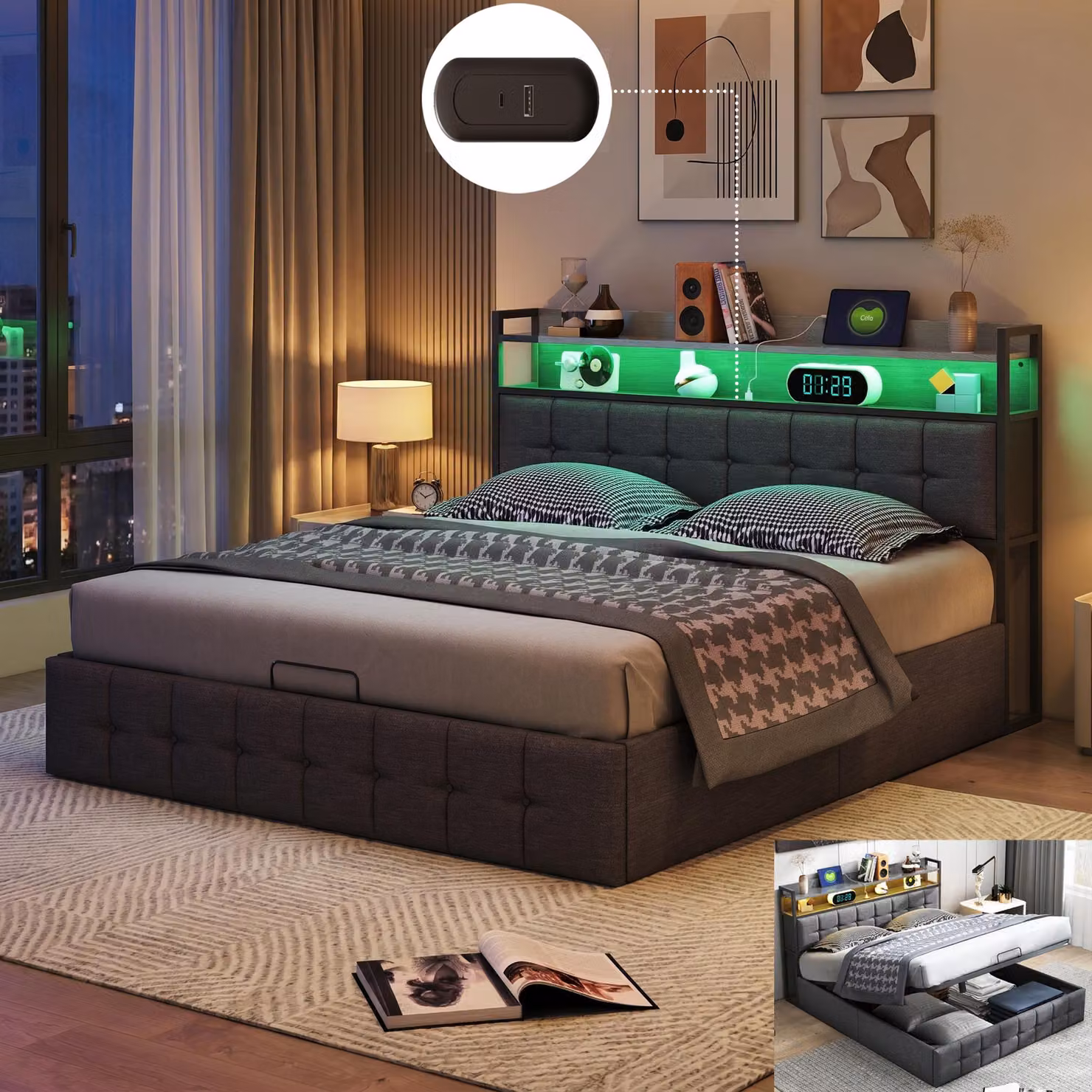 Letto imbottito INONEFT 140x190 cm con LED e porta USB di tipo C, letto con box contenitore ad apertura idraulica, letto matrimoniale per giovani con rete a doghe e contenitore, colore grigio lino