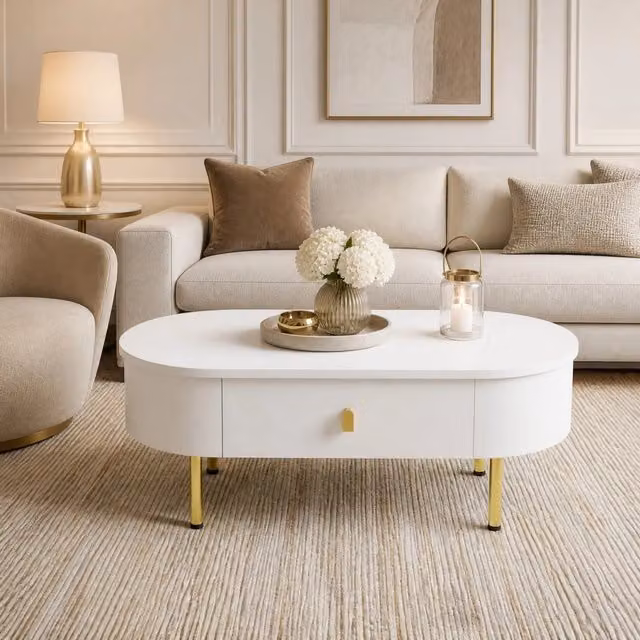 Tavolino da caffè moderno MODFU bianco con dettagli oro e 2 cassetti, L: 108 cm