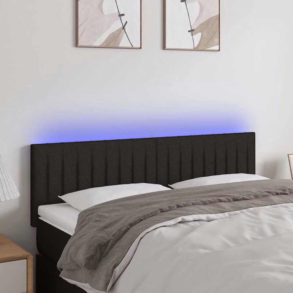 Testiera per letto vidaXL in tessuto nero con illuminazione LED e porta di ricarica USB, L: 144 cm, P: 5 cm, H: 78-88 cm