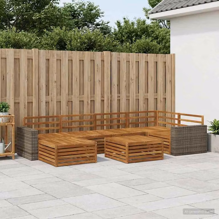 Set di divani da esterno vidaXL 7 pz in legno di acacia marrone con cuscini e tavolino da giardino a forma di L