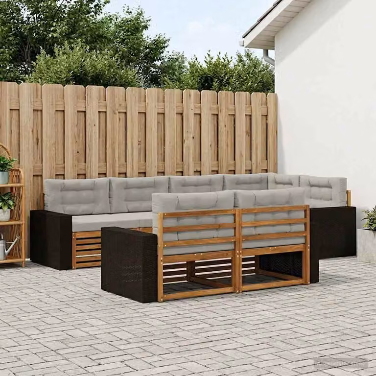 Set di divani da esterno a L vidaXL in legno di acacia con cuscini, 7 pezzi, Beige e Grigio