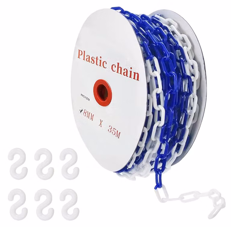 Catena di delimitazione, in plastica, 8 mm x 35 m, blu e bianca, con 6 ganci a S
