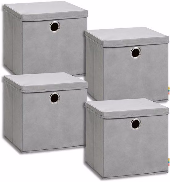 Set di 4 scatole contenitore Ibbenzoa® da 34x34x33 cm con coperchio e maniglie rotonde extra grandi, pieghevoli, realizzate in cartone resistente e tessuto non tessuto, ideali per scaffali e armadi
